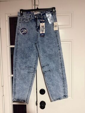 Angels Petite Barrel Leg Acid Wash Jeans - Light Blue